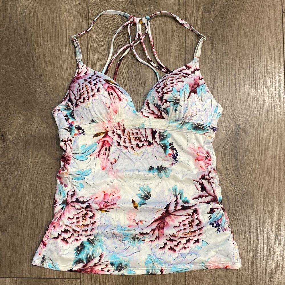 Athleta Aqualuxe Lotus Floral Print Strappy Back Tankini Swim Top Size XXS/XS